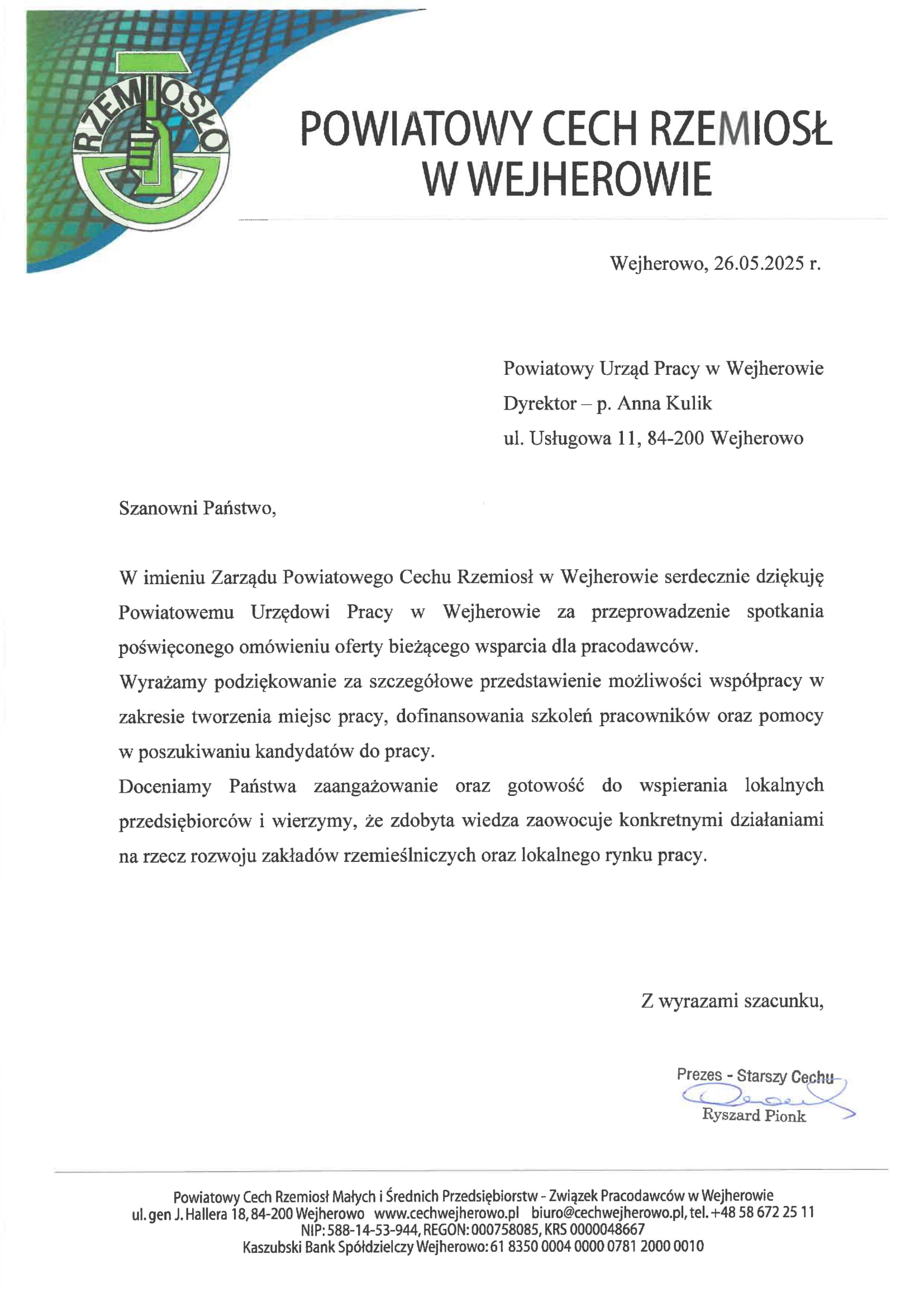 Zdjęcie artykułu Podziękowanie dla PUP Wejherowo za przeprowadzenie spotkania