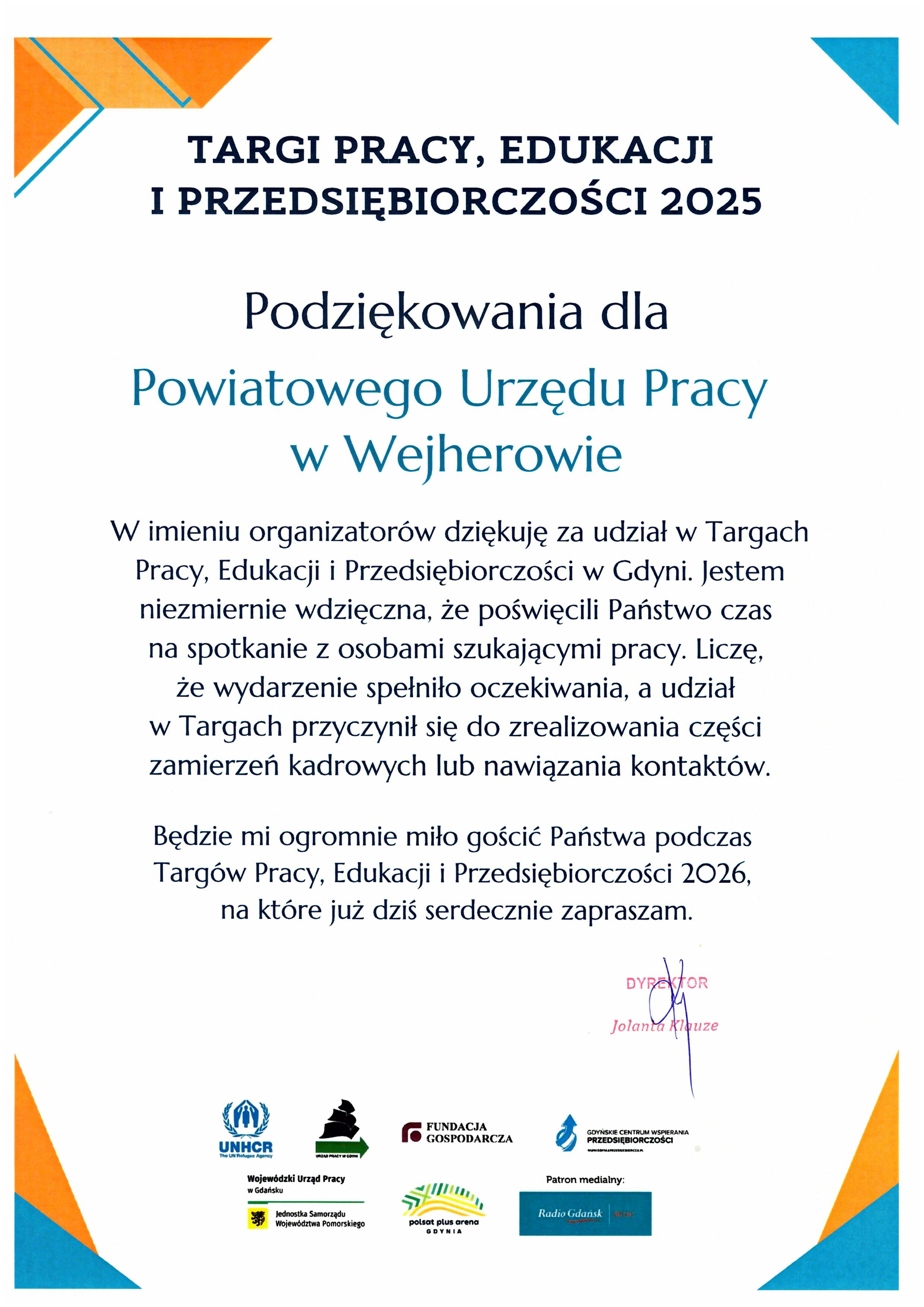 Zdjęcie artykułu Podziękowanie dla PUP Wejherowo za udział w Targach Pracy, Edukacji i Przedsiębiorczości w Gdyni