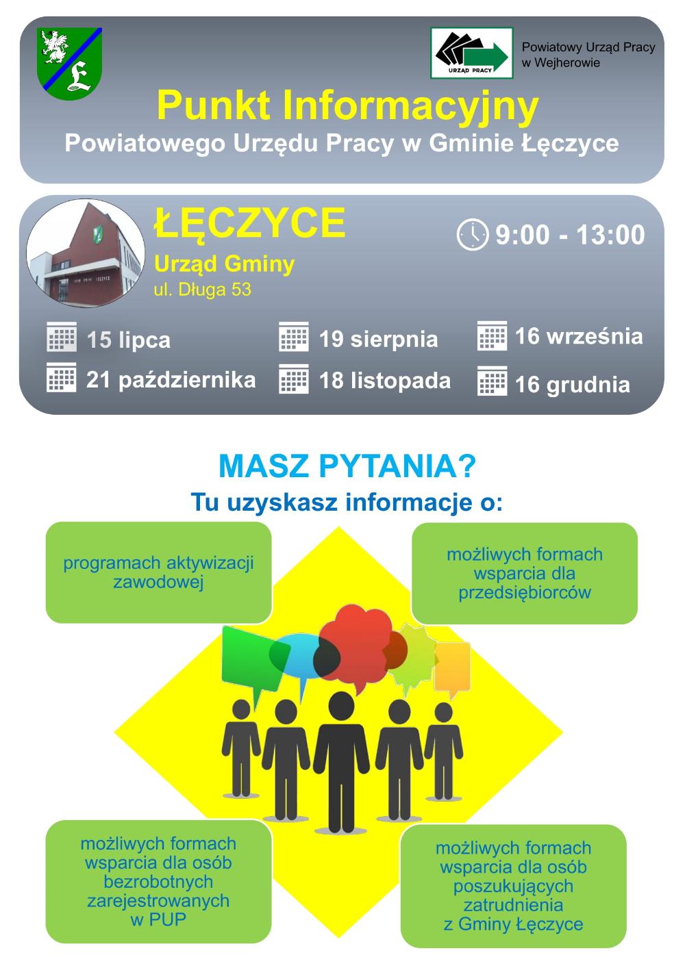 Plakat informuje o Punkcie Informacyjnym PUP w Łęczycach, działającym w Urzędzie Gminy przy ulicy Długiej 53 w godzinach 9:00–13:00. Podano terminy spotkań: 15 lipca, 19 sierpnia, 16 września, 21 października, 18 listopada i 16 grudnia. Udzielane są informacje o aktywizacji zawodowej, wsparciu dla bezrobotnych i przedsiębiorców.