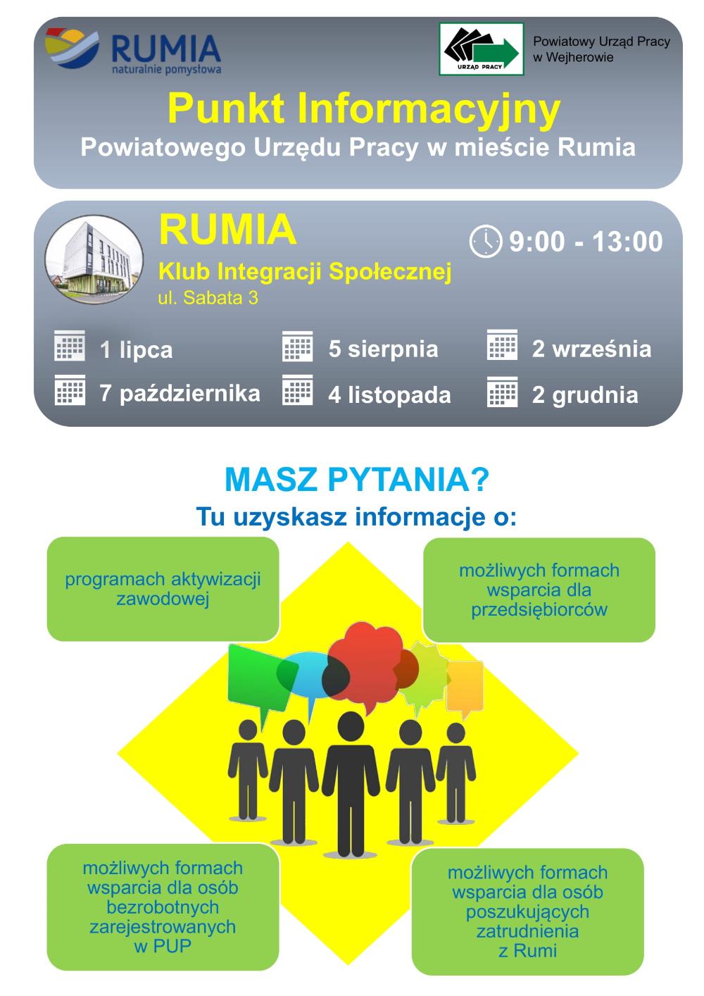 Plakat informuje o Punkcie Informacyjnym PUP w Rumi, działającym w Klubie Integracji Społecznej przy ul. Sabata 3 w godzinach 9:00–13:00. Podano terminy spotkań: 1 lipca, 5 sierpnia, 2 września, 7 października, 4 listopada i 2 grudnia . Udzielane są informacje o aktywizacji zawodowej, wsparciu dla bezrobotnych i przedsiębiorców.