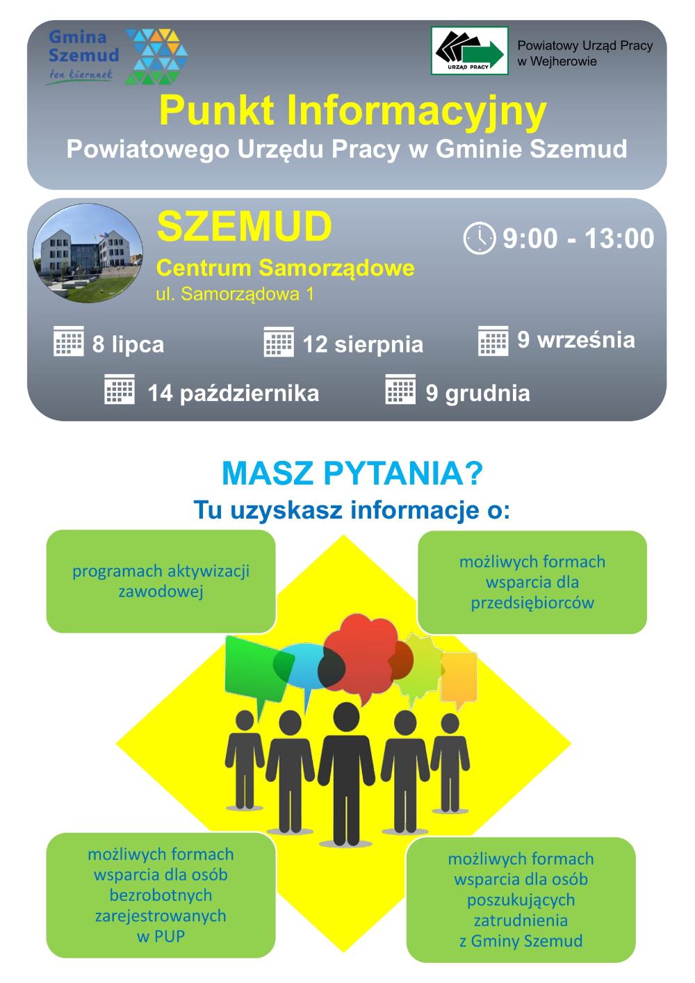 Plakat informuje o Punkcie Informacyjnym PUP w Szemudzie, działającym w Centrum Samorządowym w godzinach 9:00–13:00. Podano terminy spotkań: 8 lipca, 12 sierpnia, 9 września, 14 października i 9 grudnia. Udzielane są informacje o aktywizacji zawodowej, wsparciu dla bezrobotnych i przedsiębiorców.